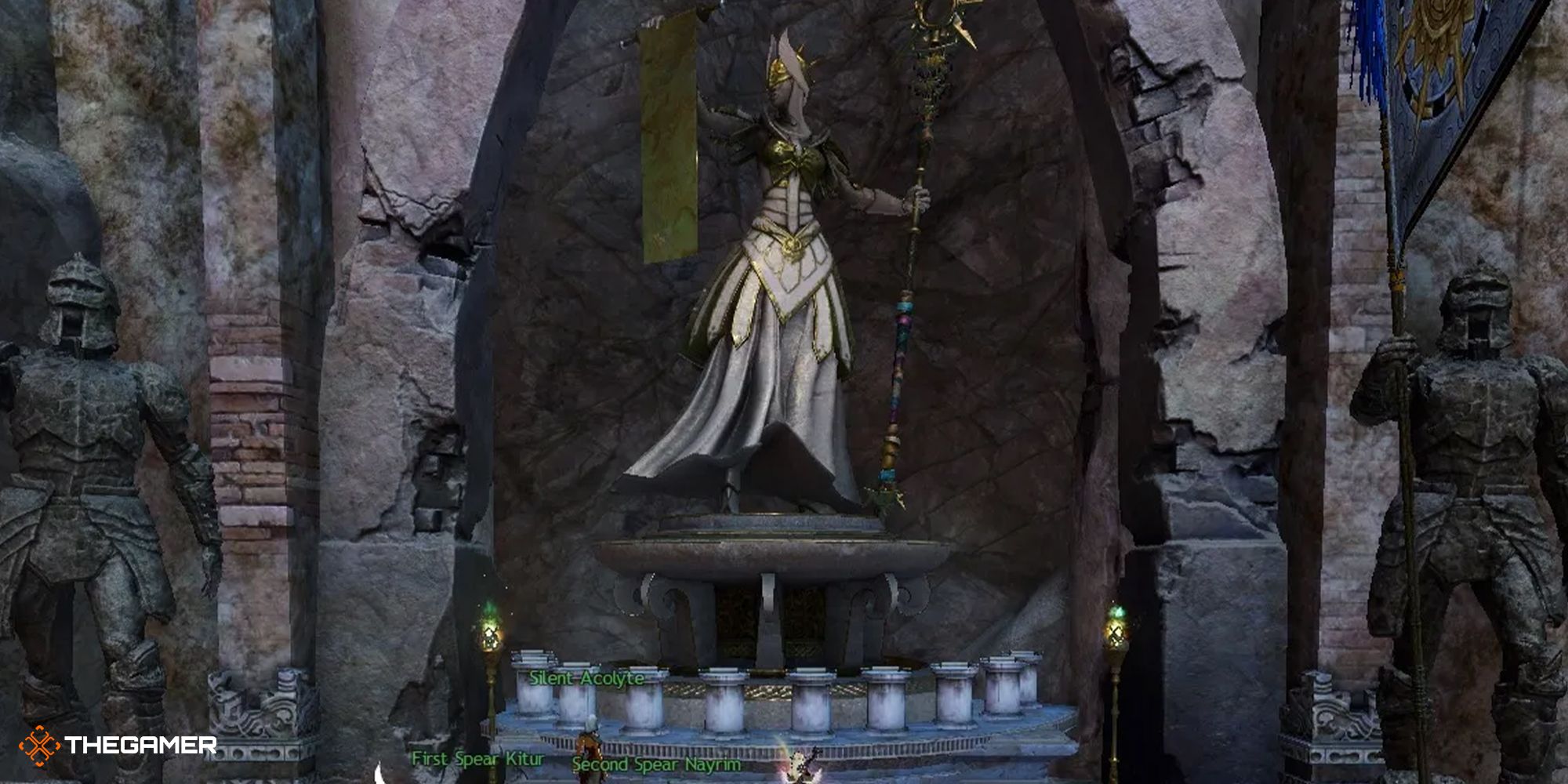 Guild Wars 2 - player standing in front of a statue of a woman