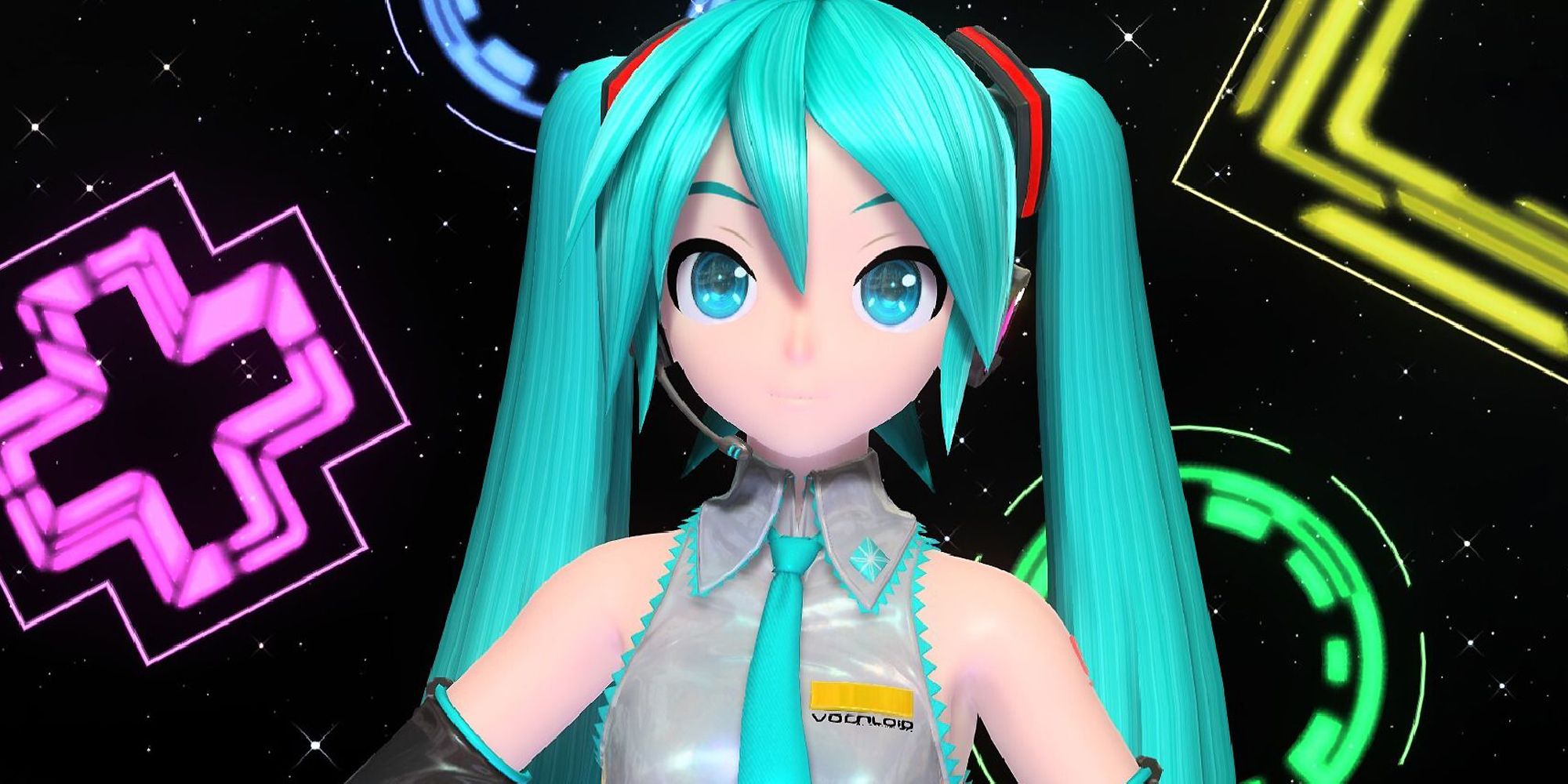 Hatsune Miku sings in front of crosses, circles, squares and more in Project Diva Megamix+.