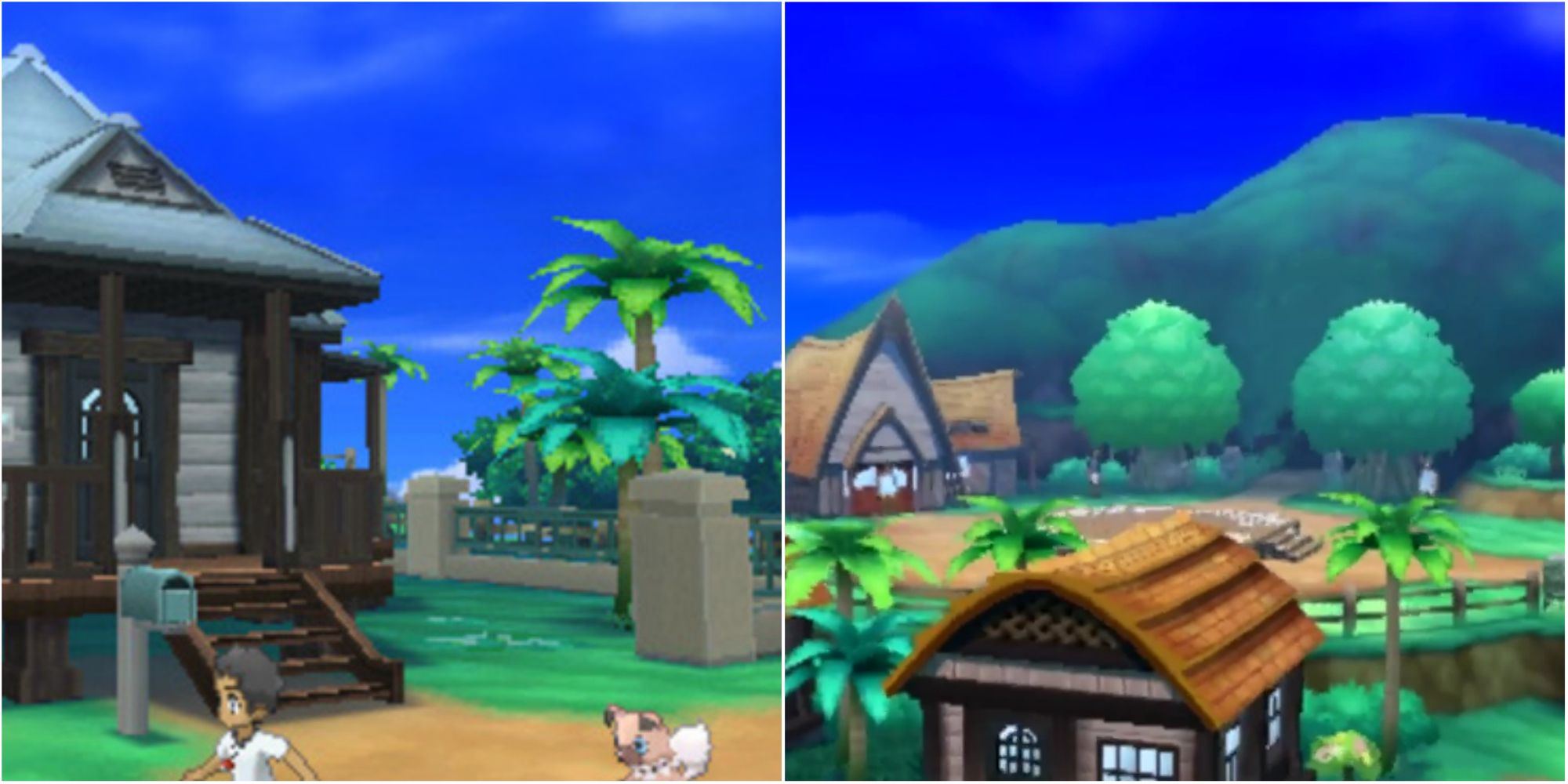 Split image screenshots of the player’s house in Hau’Oli Outskirts and Iki Town in Pokemon Sun and Moon.