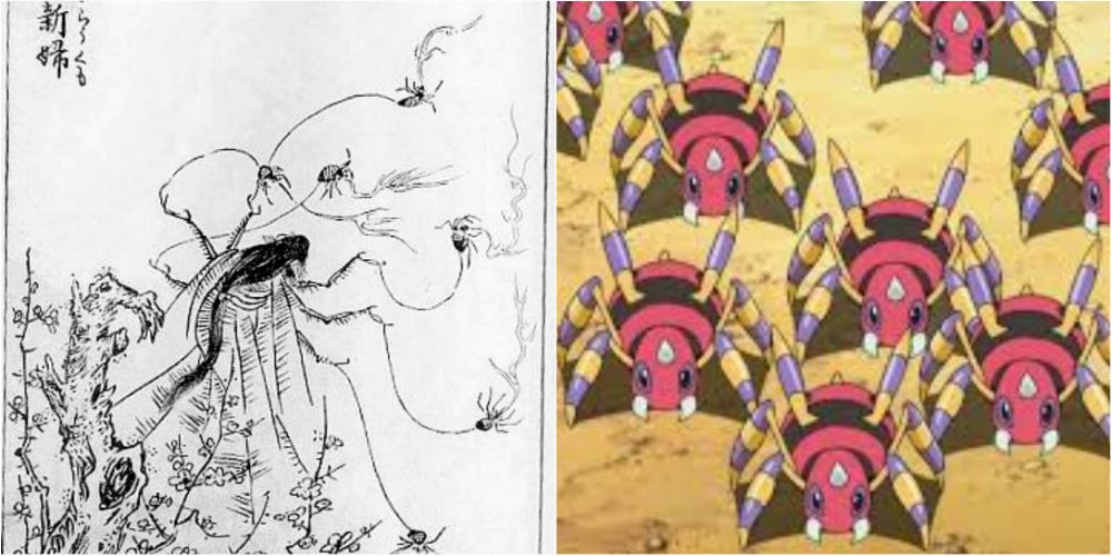 Split image screenshots of Jorōgumo artwork and a group of Ariados.
