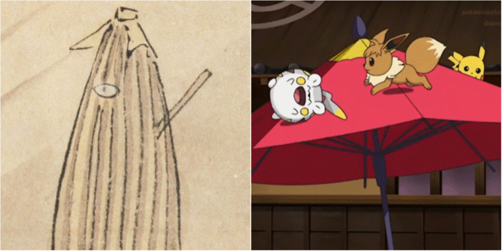 Split image screenshots of Kasa-obake artwork and Togedemaru, Eeeve and Pikachu on an umbrella.