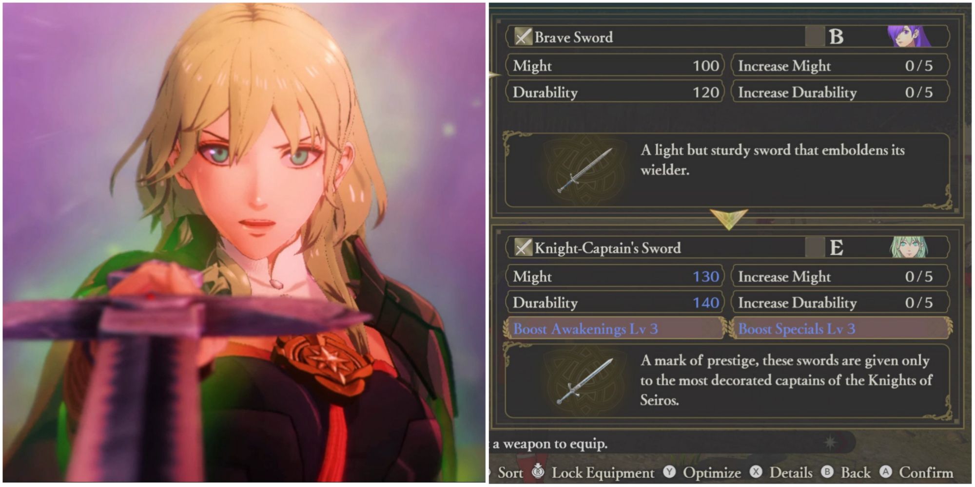 Byleth pointing sword at Shez, Knight Captain's Sword screen stats