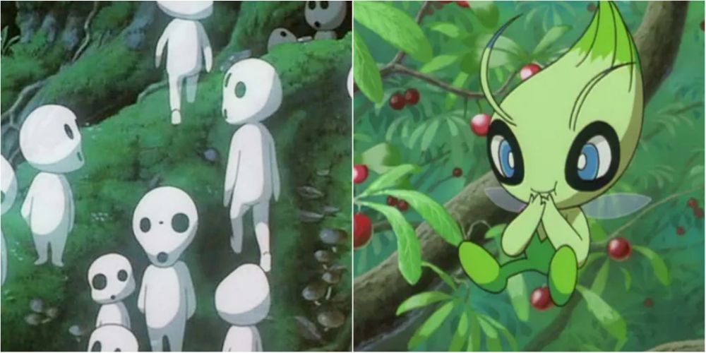 Split image screenshots of Kodama in Princess Mononoke and Celebi.