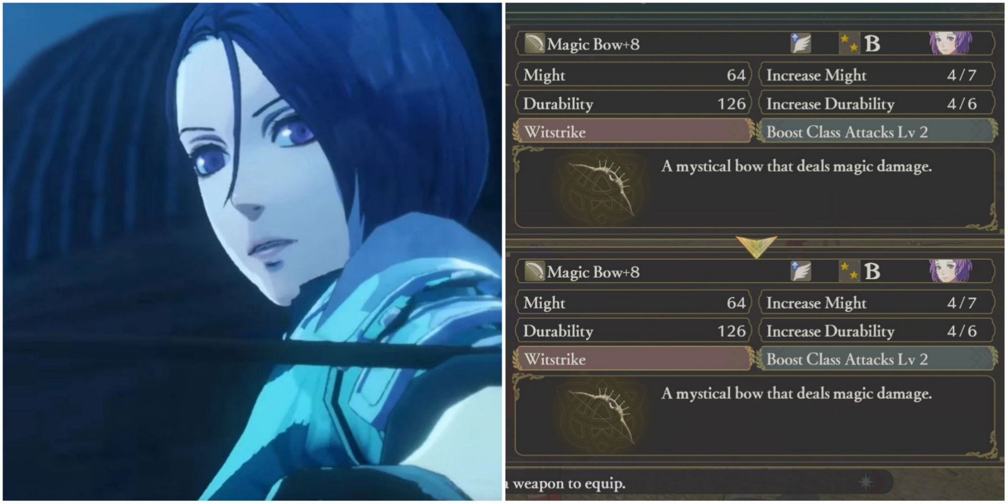 Split image of Shamir holding bow and Magic Bow stats screen