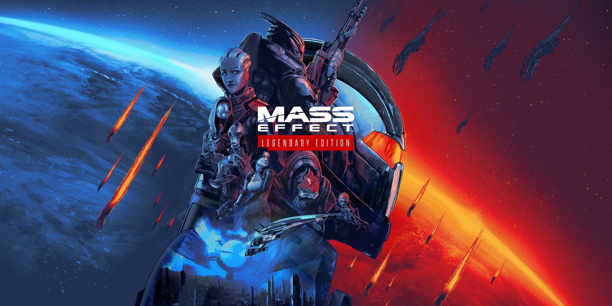 Mass Effect Legendary Edition Cover Art Of The Cast Before A Blue And Red Planet