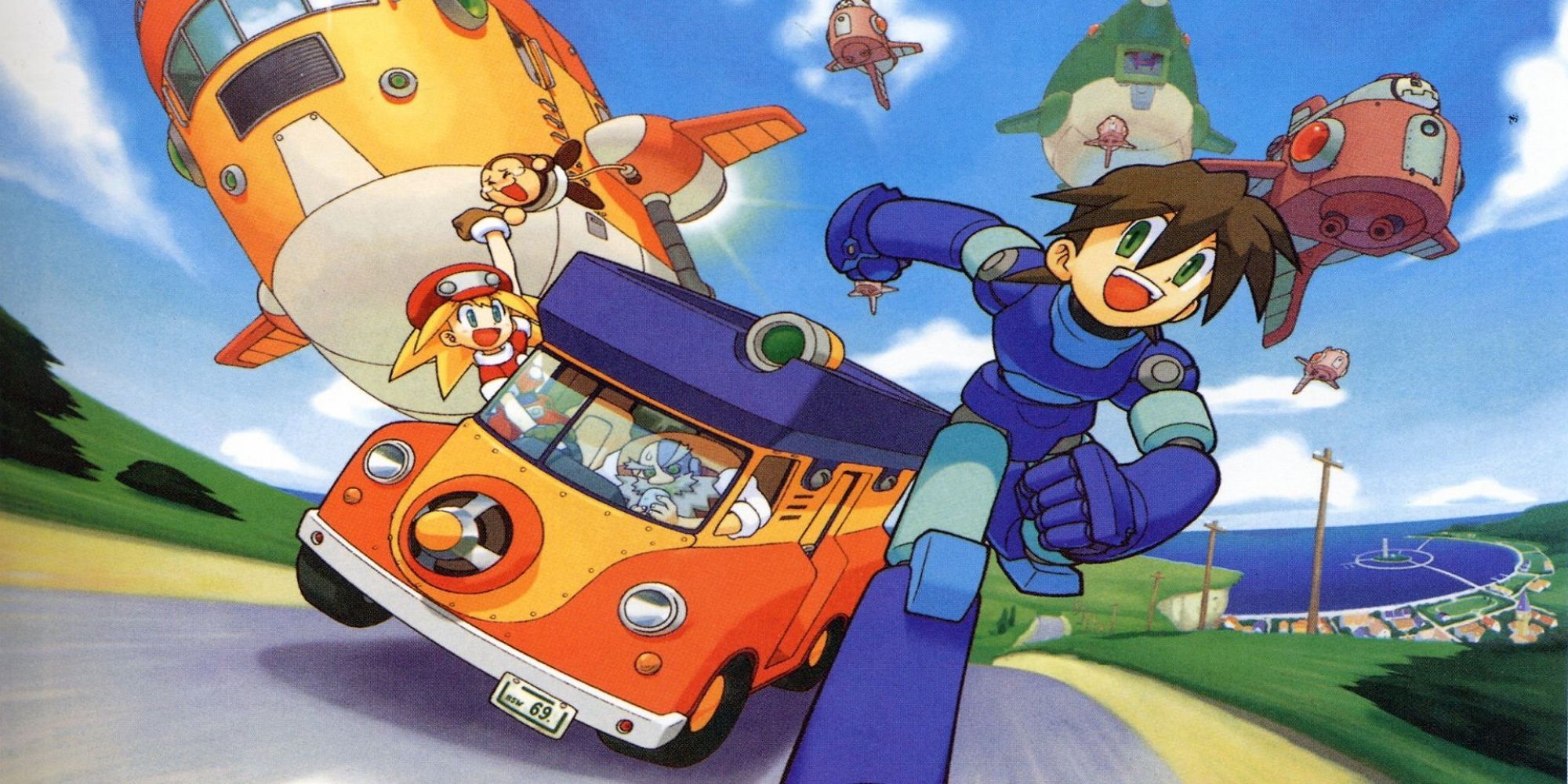 Mega Man runs down a road followed by enemy ships and his friends