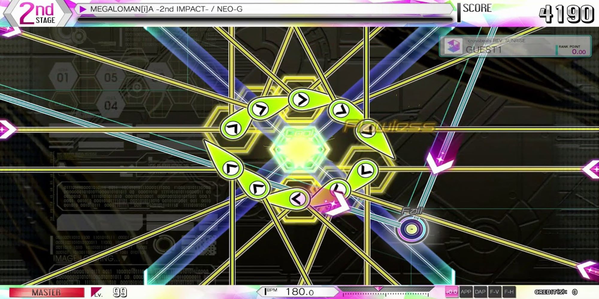 Groups of arrows circle a vibrantly colored screen in Cross Beats Master-difficulty gameplay.