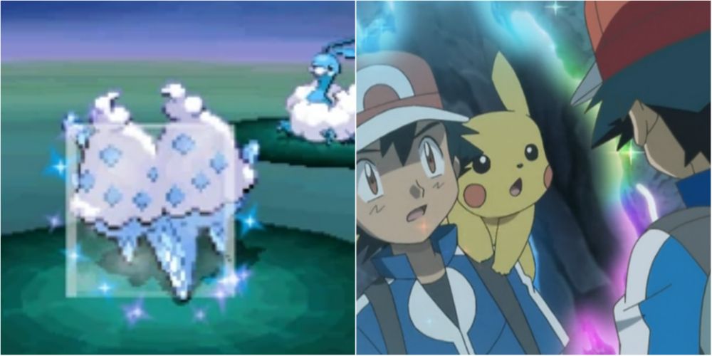 Split image screenshots of Vanilluxe using Mirror Coat and Ash and Pikachu looking into a mirror at their reflections.