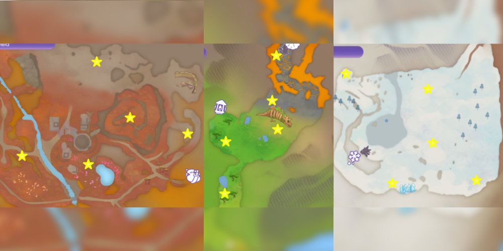 A map of three separate regions with various locations marked with stars