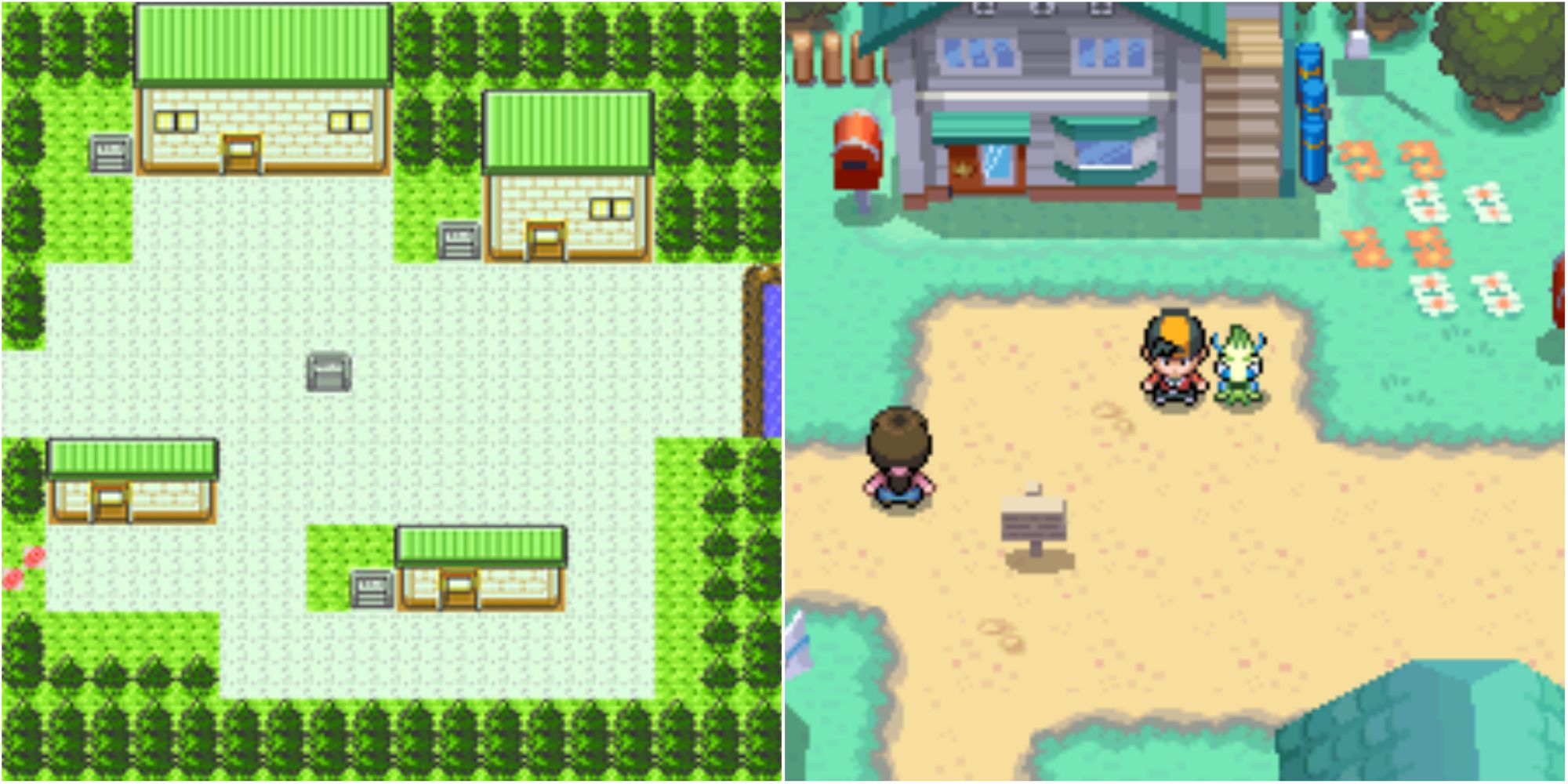 Split image screenshots of New Bark Town in Pokemon Gold and Silver and the player outside Professor Elm’s lab in Pokemon HeartGold and SoulSilver.