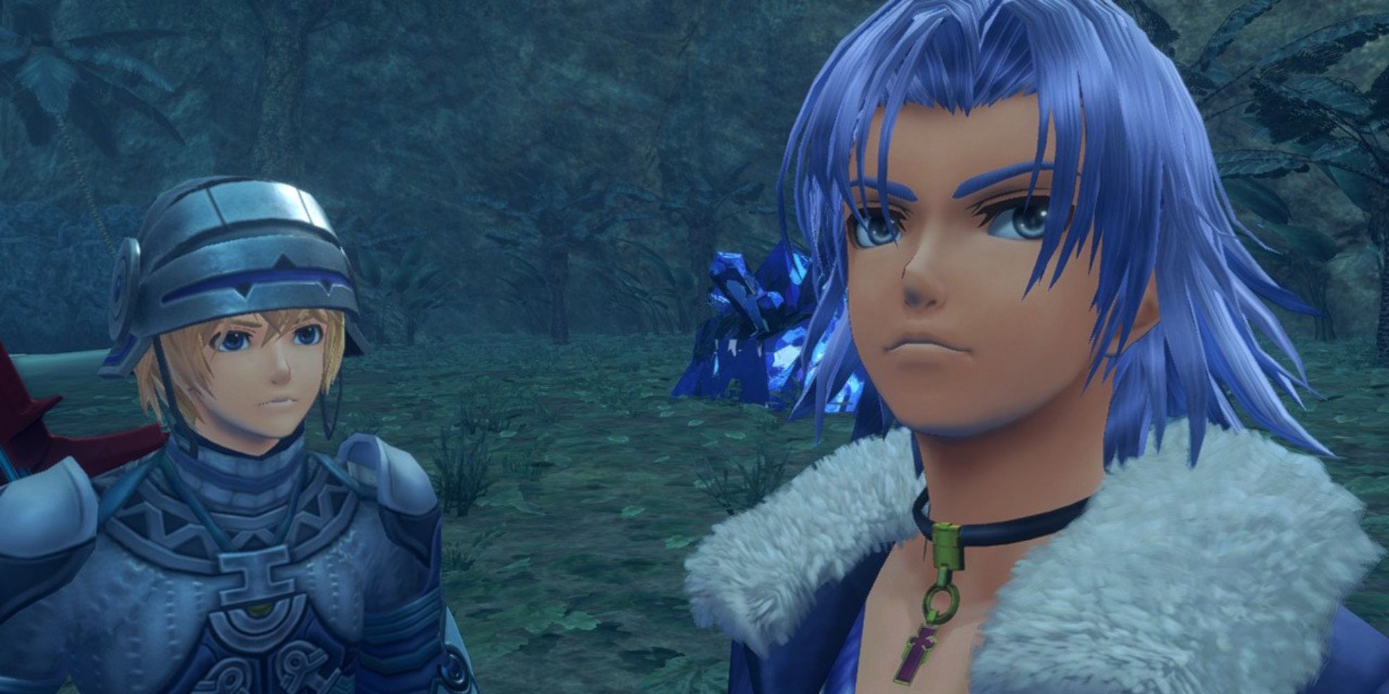 a mid shot of Alvis and Shulk from Xenoblade Chronicles Definitive Edition standing in a dark field