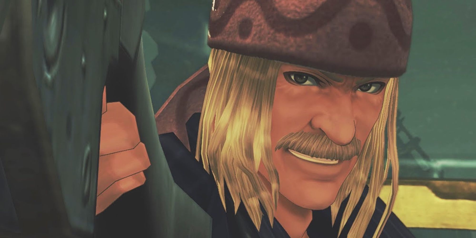 a close up of Dickson from Xenoblade Chronicles Definitive Edition grinning while pointing his gun at someone off screen