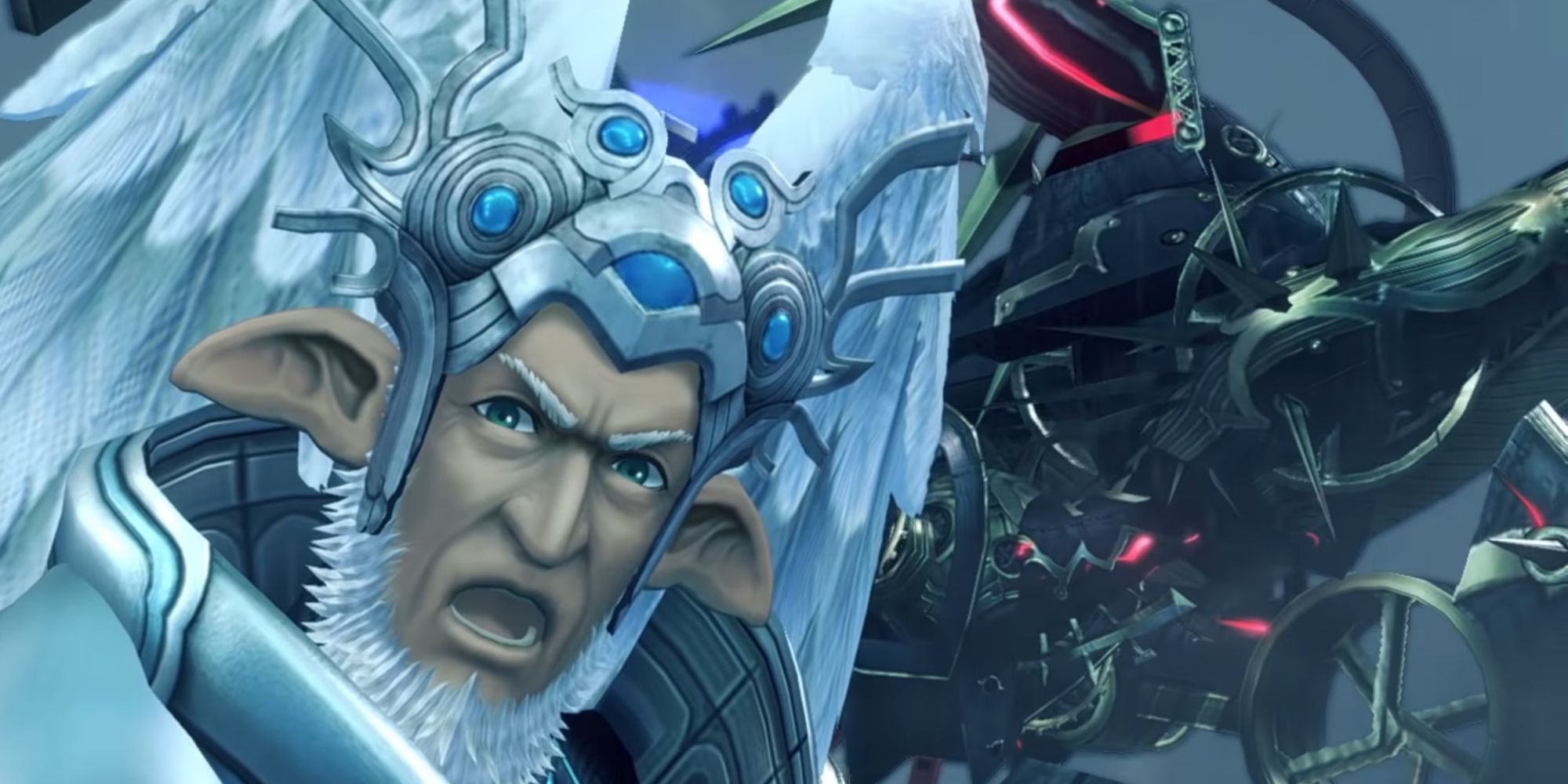 a mid shot of Emperor Sorean from Xenoblade Chronicles Definitive Edition screaming as Metal Face attacks from behind