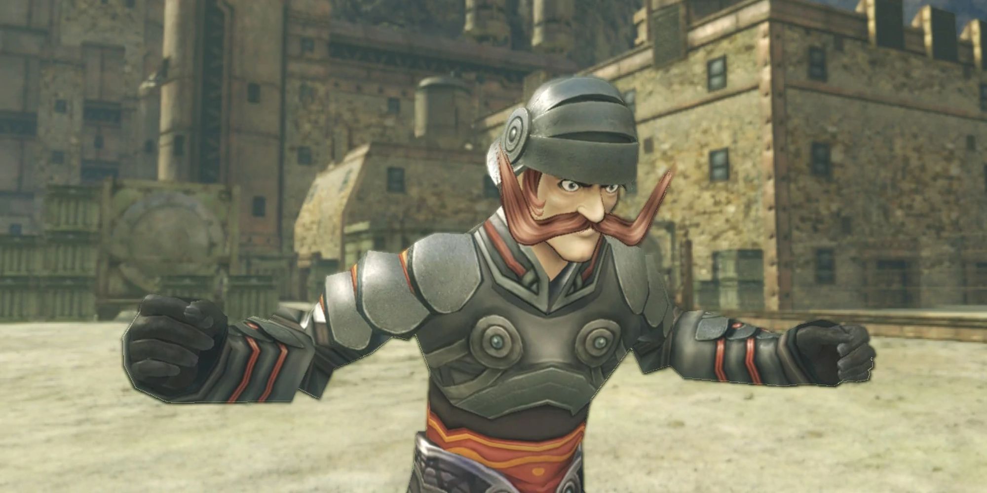 a wide shot of Vangarre from Xenoblade Chronicles Definitive Edition stood in Colony 9 with his arms stretched out