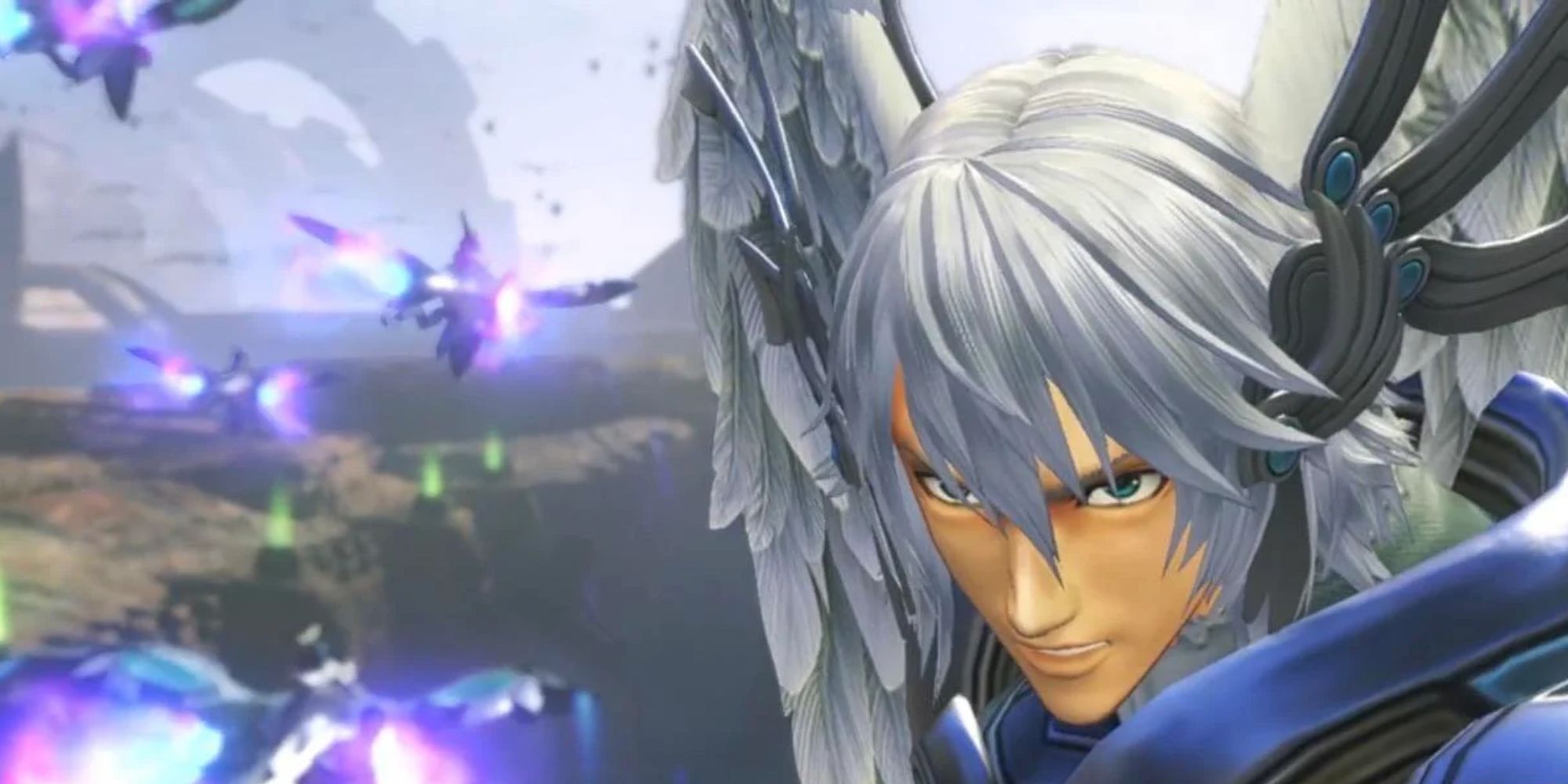 a mid shot of Kallian from Xenoblade Chronicles Definitive Edition looking determined as ships fly by in the background
