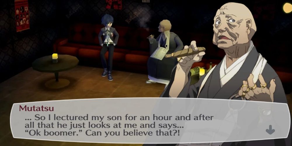 a shot of the player character and Mutatsu from Persona 3 Portable sat talking with Mutatsu's character portrait and dialogue box overlaid on top