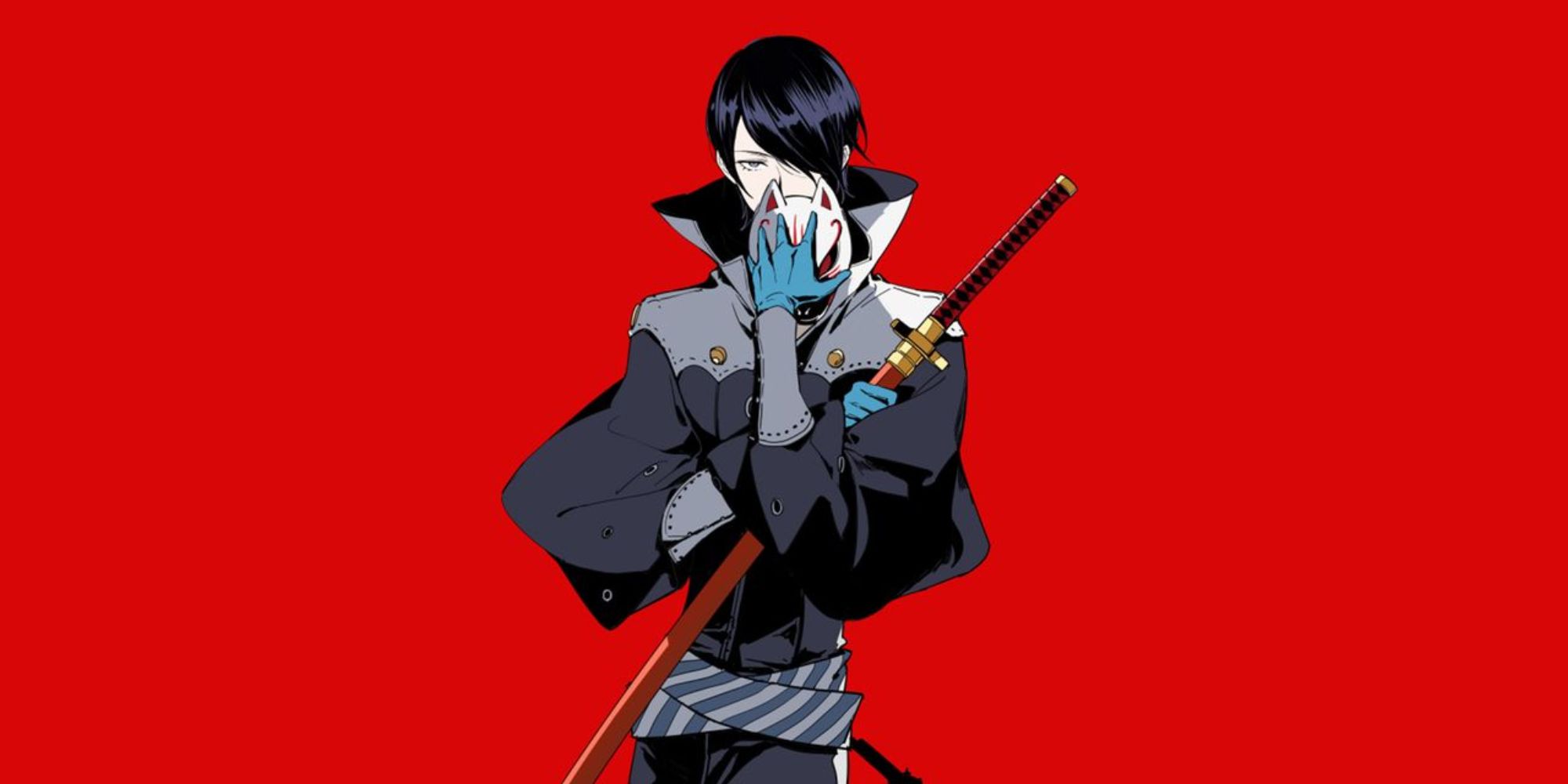 a character portrait for Yusuke Kitagawa from Persona 5 Royal holding his mask against a red background
