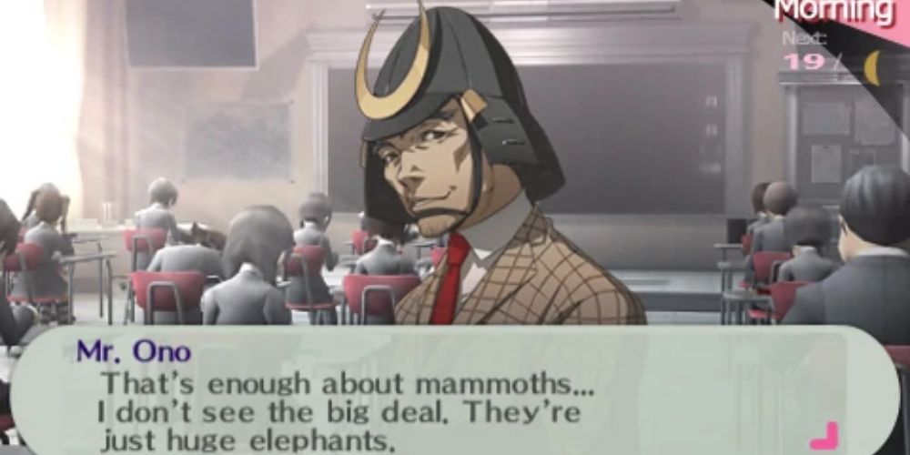 a character portrait of Mr Ono from Persona 3 Portable overlaid on top of 3D models of students in a classroom with his dialogue box beneath him