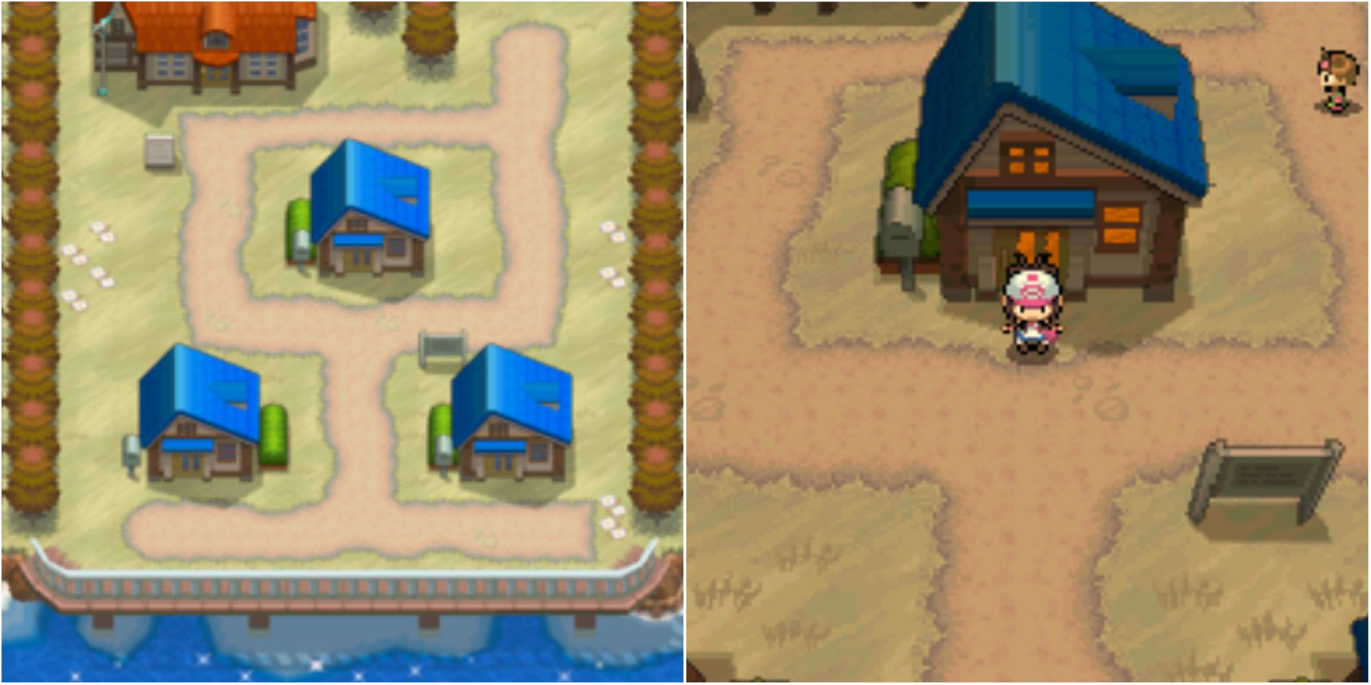 Split image screenshots of Nuvema Town and a close-up of the player’s house in Nuvema Town.
