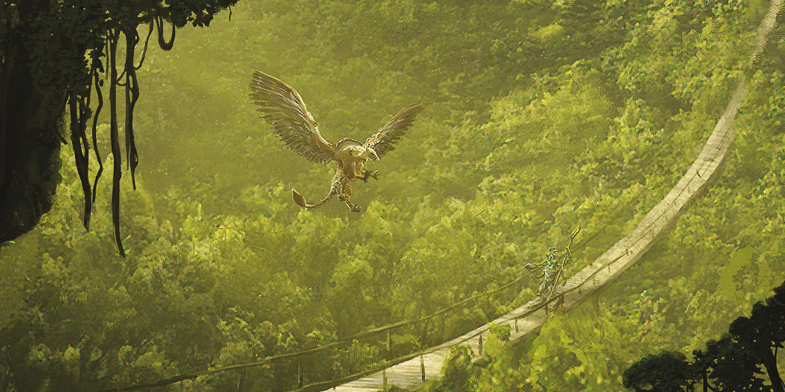 Griffin flies near forest bridge