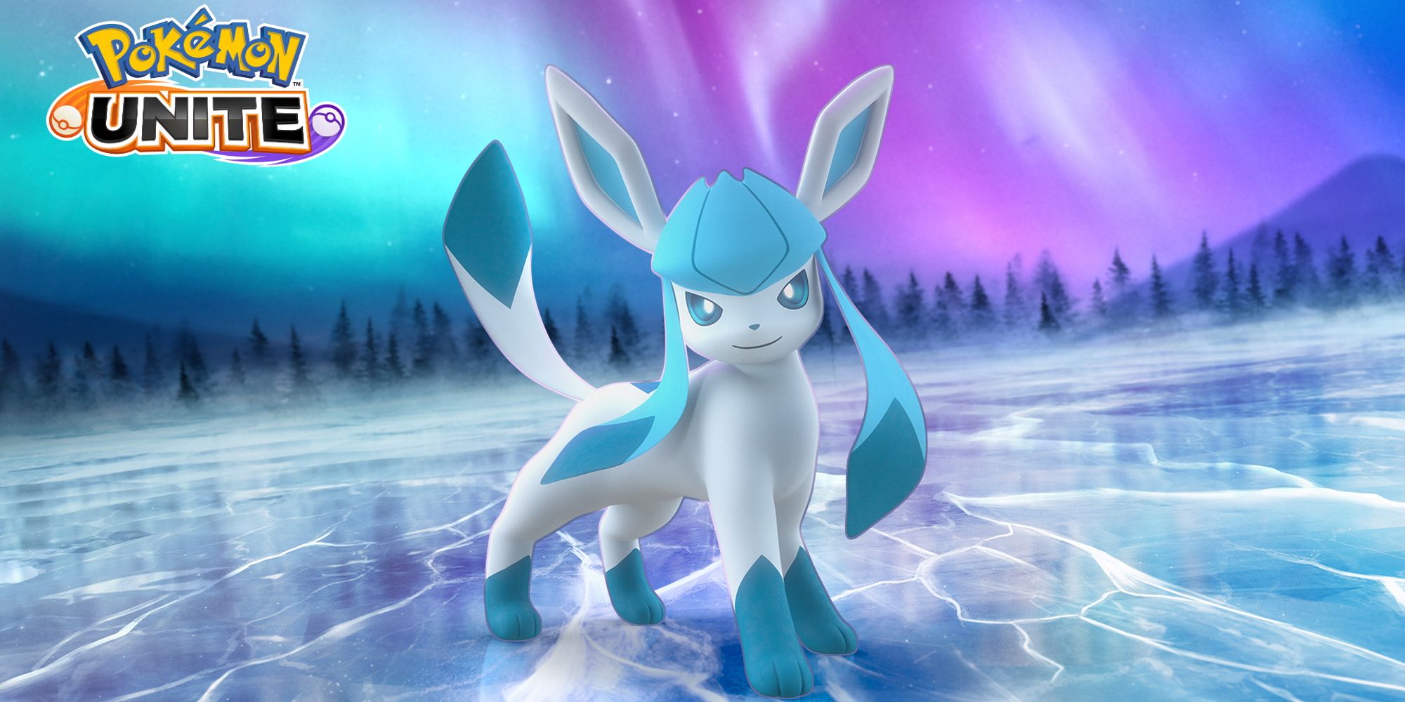 Glaceon standing on ice with the Pokemon Unite logo in the top-left corner