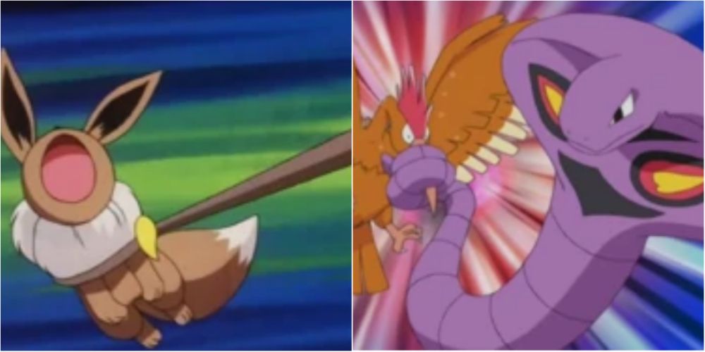Split image screenshots of Eevee being Wrapped and Arbok using Wrap on Fearow.