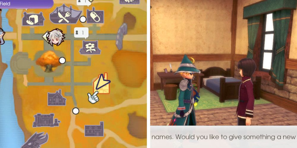 Split image of a map and two characters talking while inside