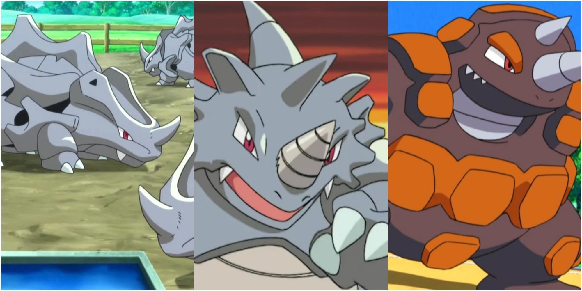 Split image screenshots of Rhyhorn, Rhydon and Rhyperior in the Pokemon anime.