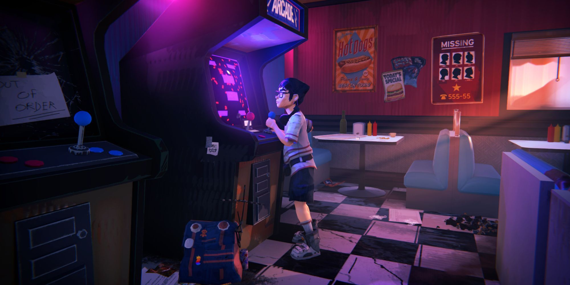 Road 96 screenshot of Alex playing on an arcade machine.