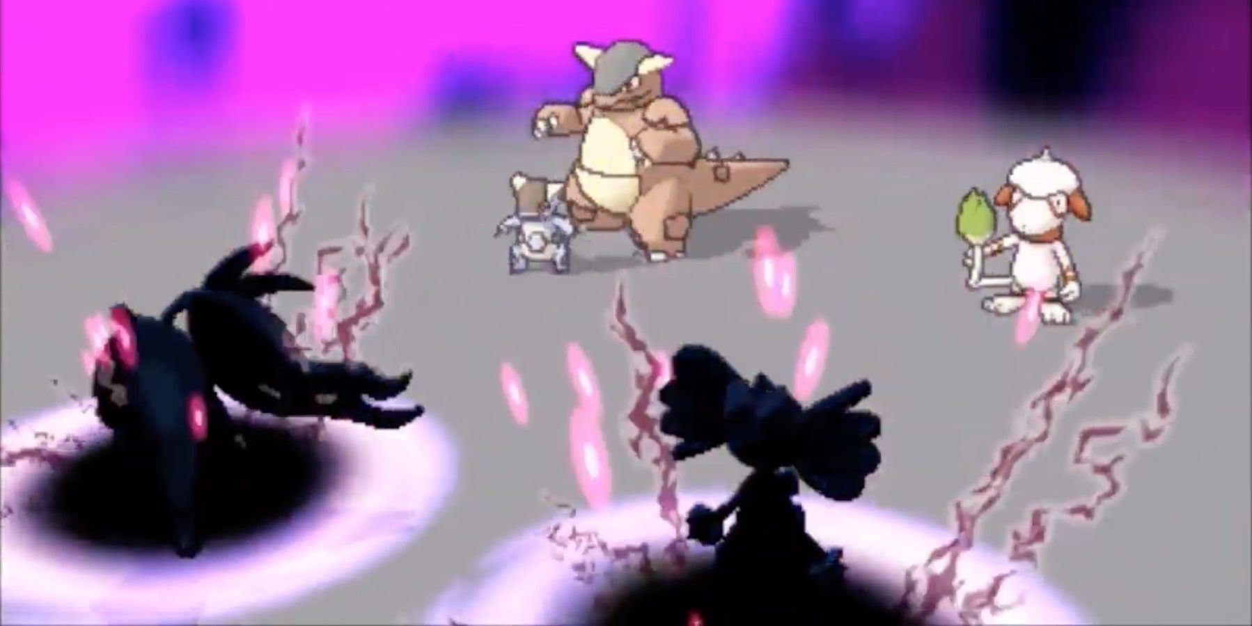 Smeargle using Dark Void against a Mega Mawile and Gothitelle next to a Mega Kangaskhan
