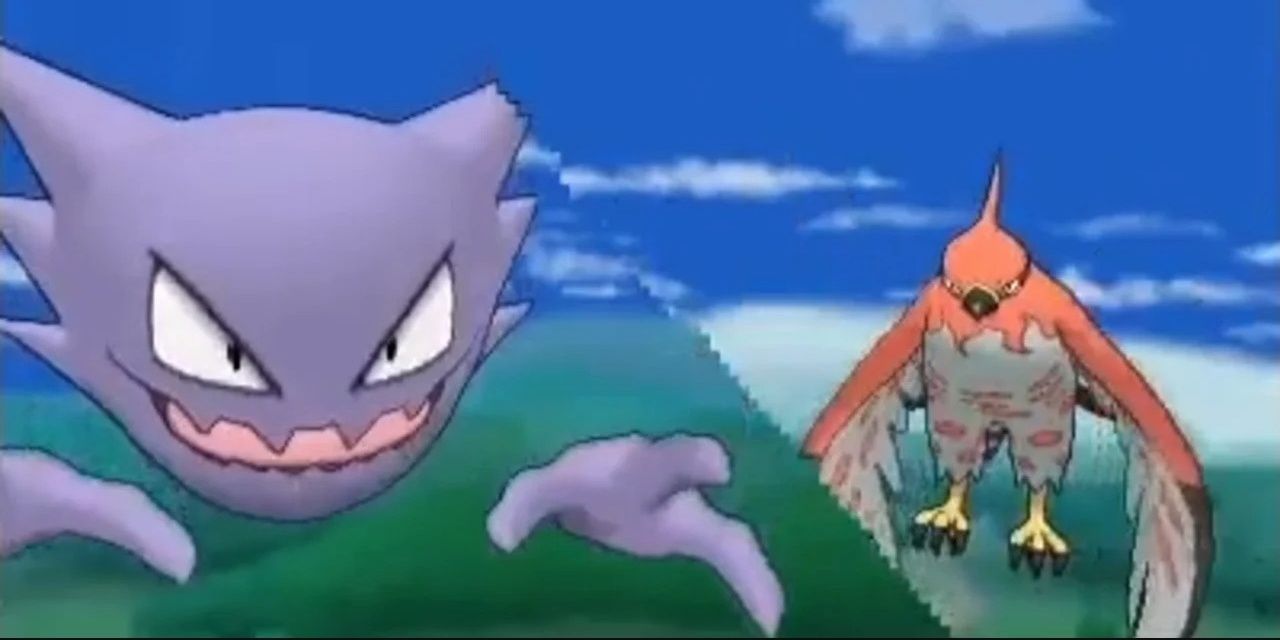Haunter and Talonflame battling in the sky