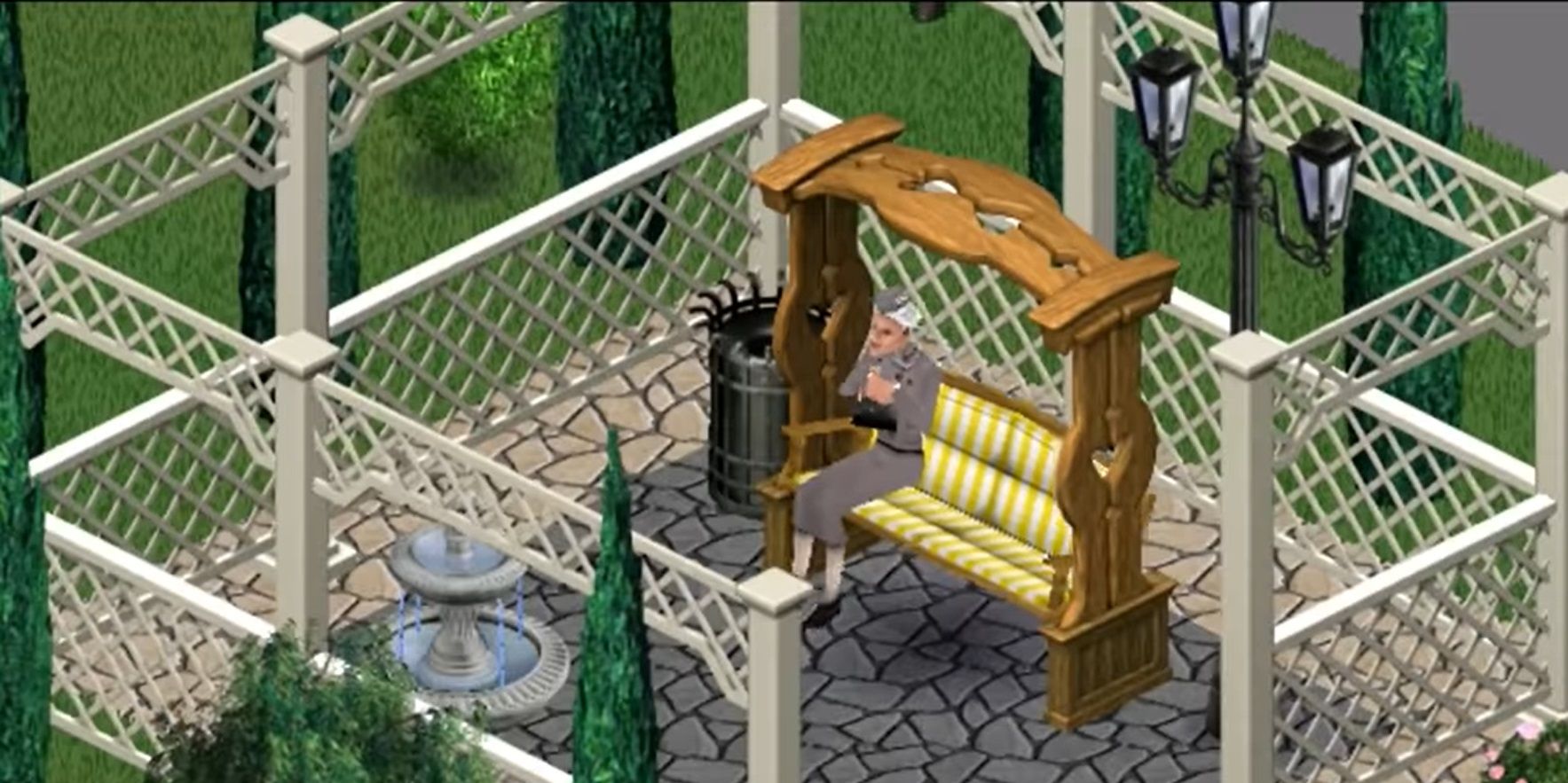 Agnes Crumplebottom sits on a bench with purse-in-hand