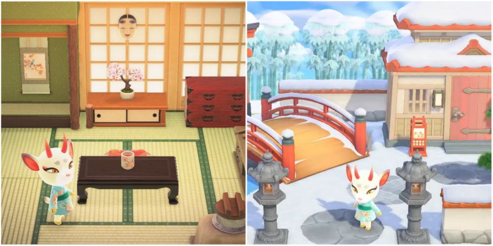Split image screenshots of Shino in her house and outside in Animal Crossing New Horizons.