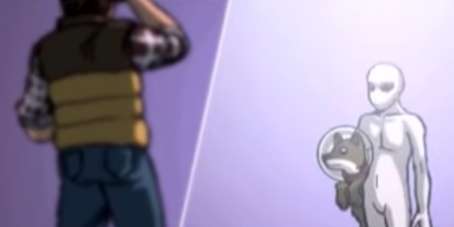 Travis Grady looking at an alien holding a Shiba Inu wearing a space helmet.