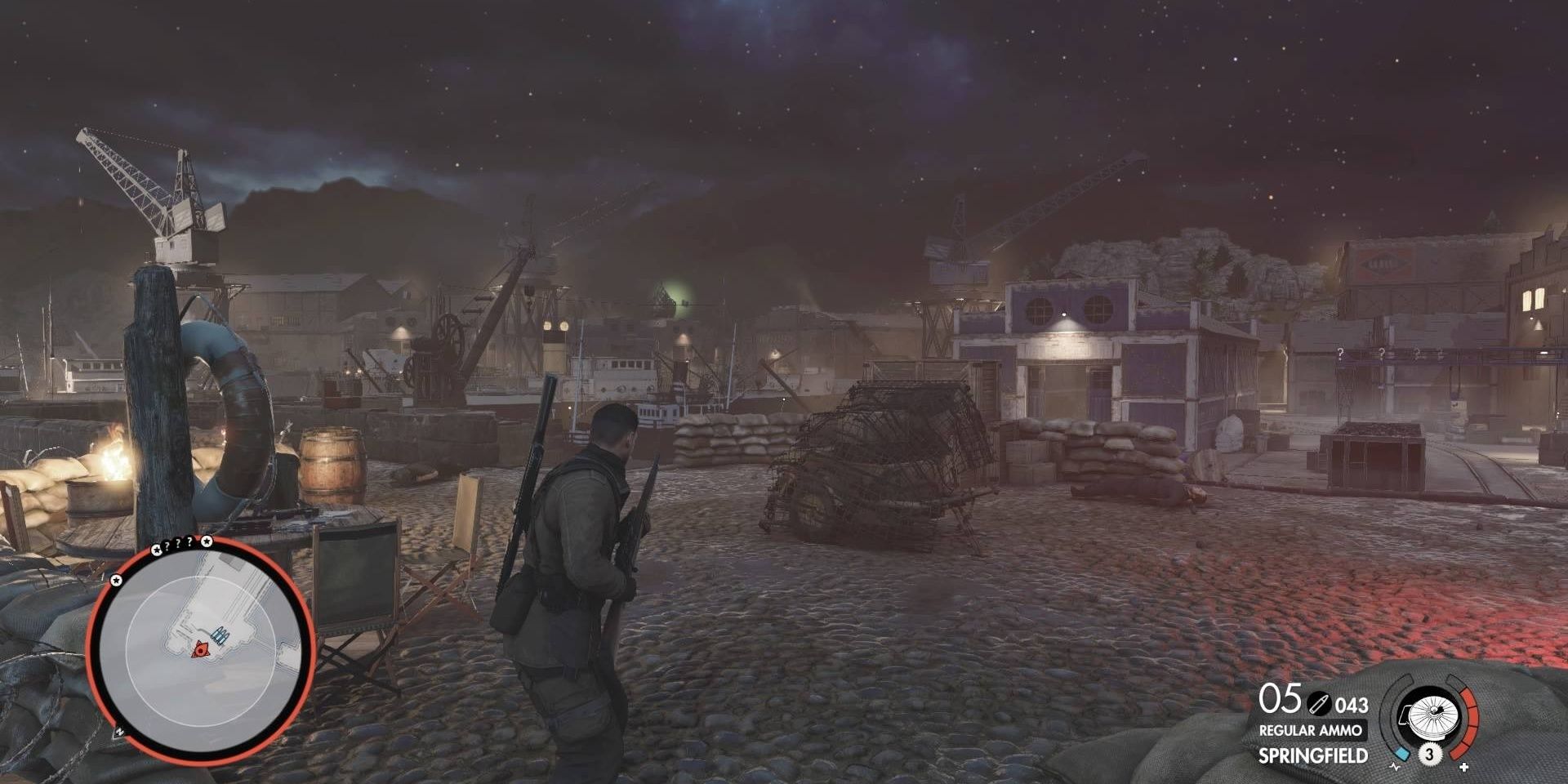Sniper Elite 4 Lorino Dockyard showing Karl in combat