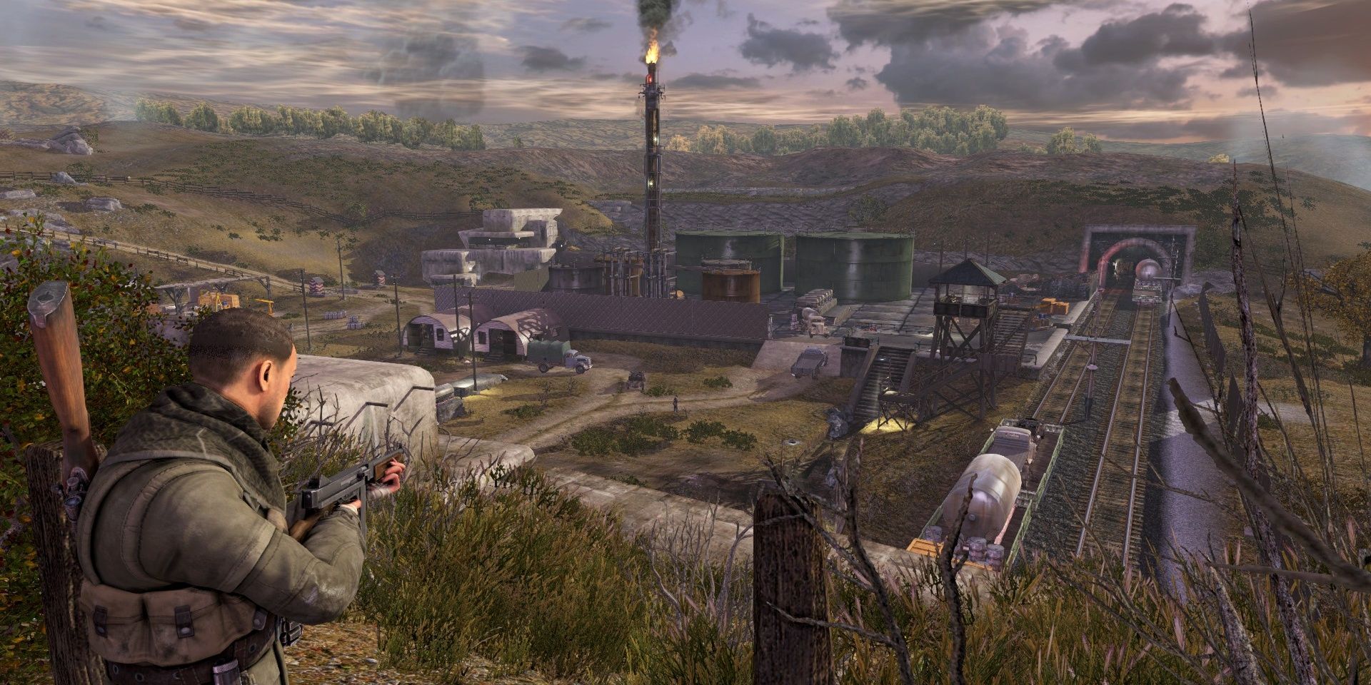 Sniper Elite V2 Remastered Neudorf Outpost showing Karl overlooking the map