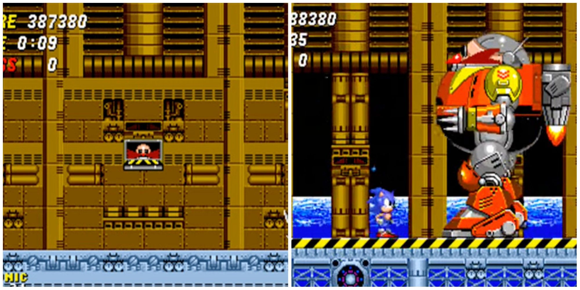 Sonic 2 Final Eggman peeking on the left, fighting the mech on the right