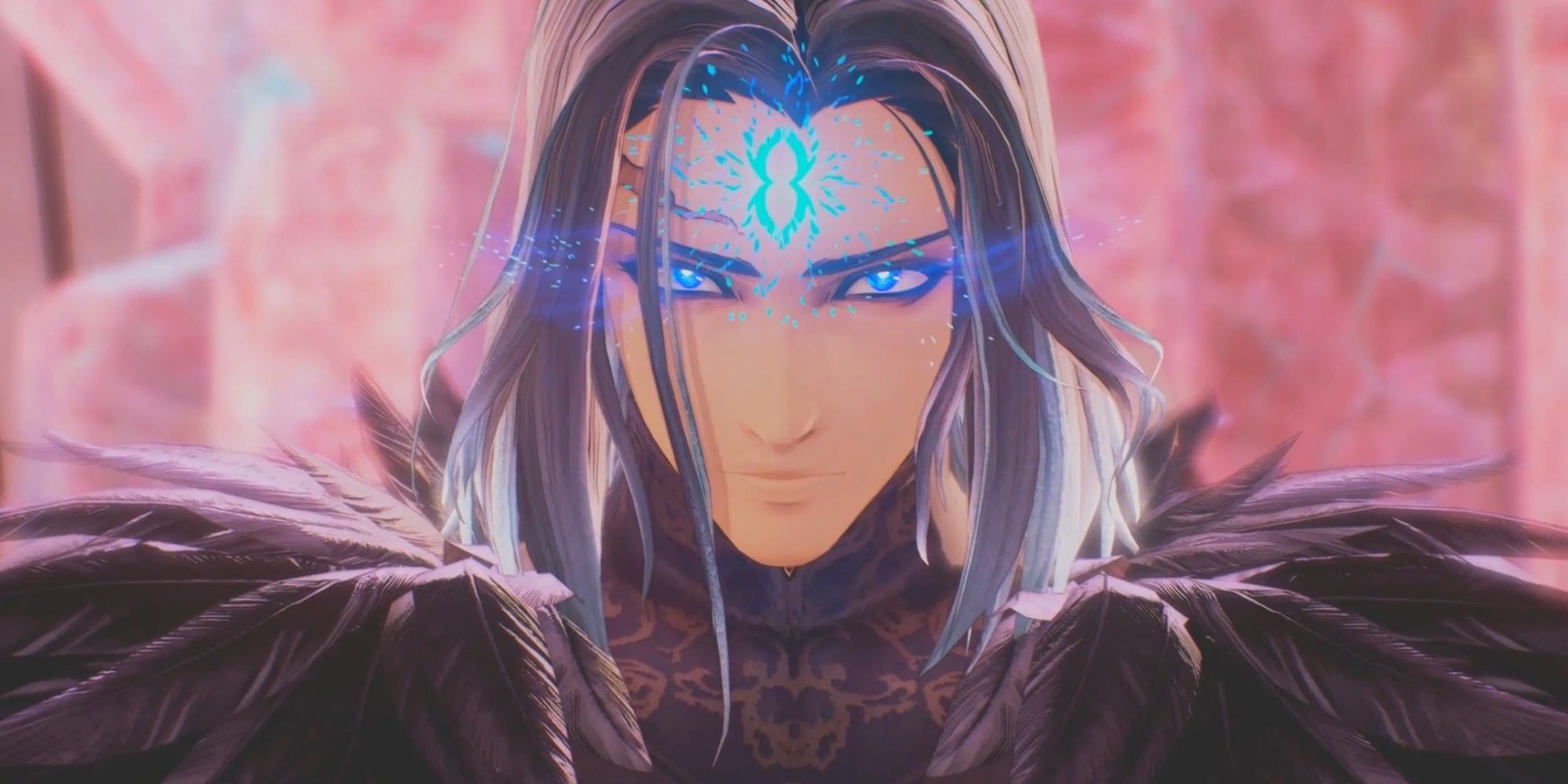 Tales of Arise Sovereign Vholran cutscene. Blue power symbol on Vholran's forehead.