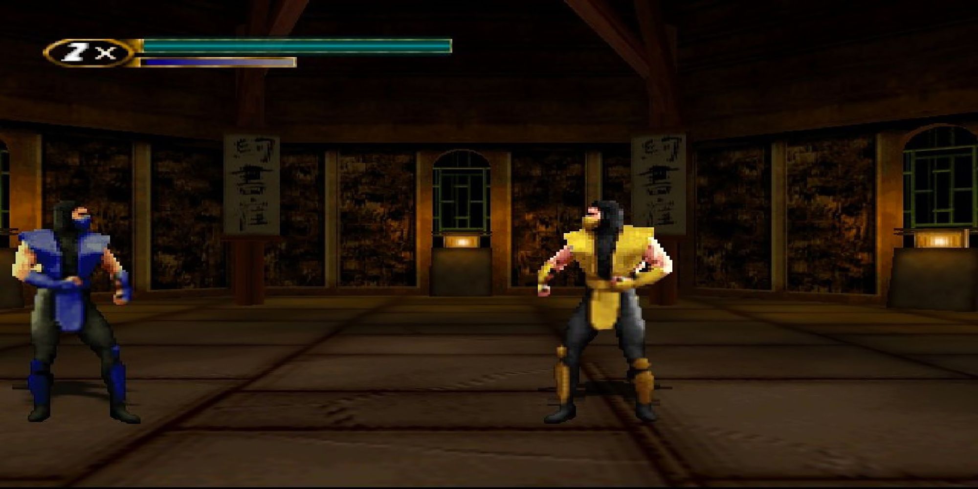 Sub-Zero fights Scorpion in a dojo in Mortal Kombat Mythologies: Sub Zero.
