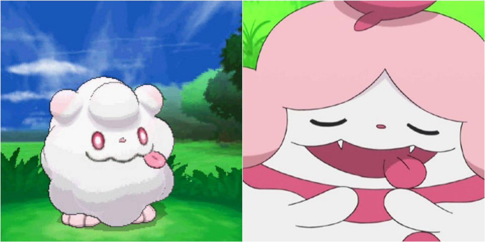 Split image screenshots of Swirlix in Pokemon X/Y and Slurpuff in the Pokemon anime.