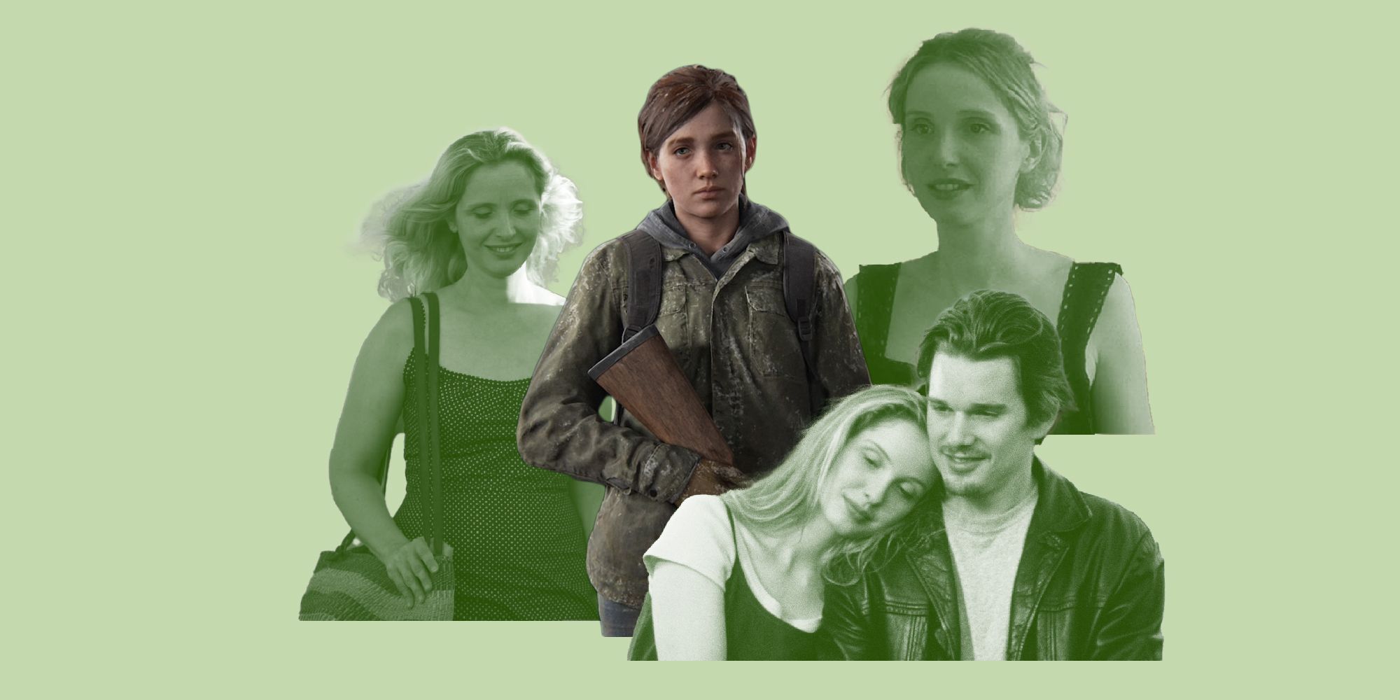 Ellie holding a gun at center, against a faded green background which includes two pictures of Celine from The Before Trilogy, and one of Jesse and Celine from Before Sunrise.