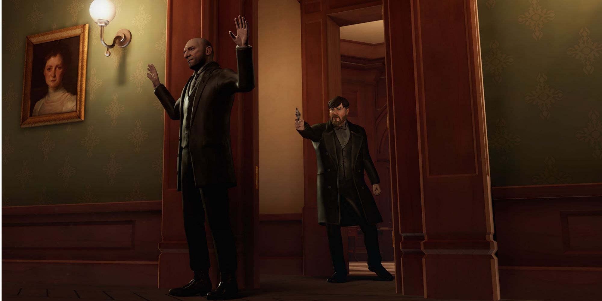 Gustaf aims a gun at another man in a hallway