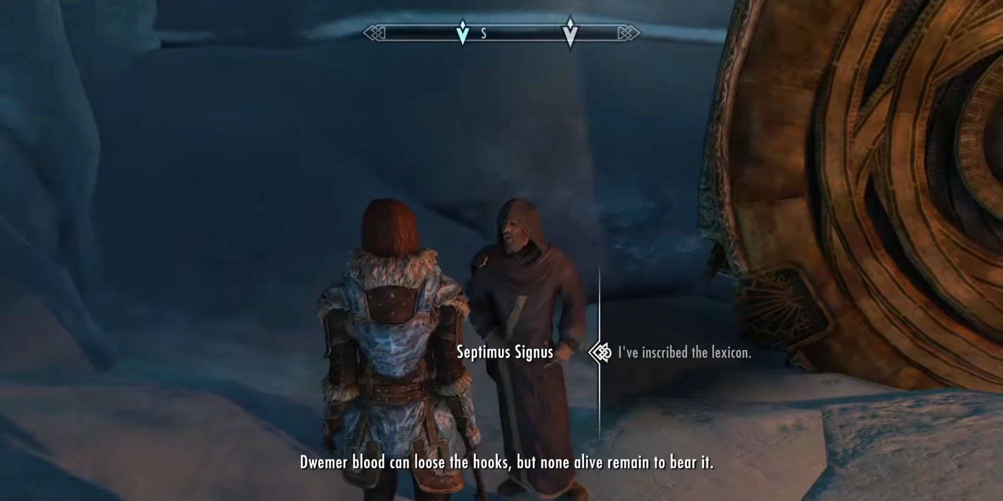 Septimus explains what kind of blood the dragonborn needs to collect inside a frozen cave