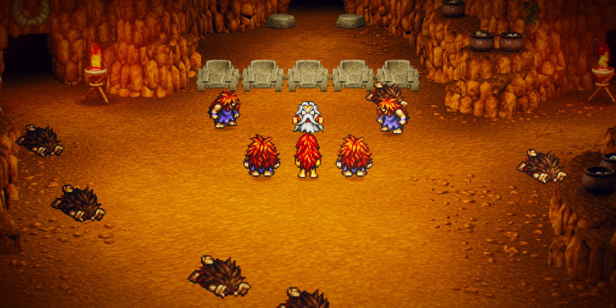 Live A Live: A confrontation between cavemen and an old man in the prehistoric chapter