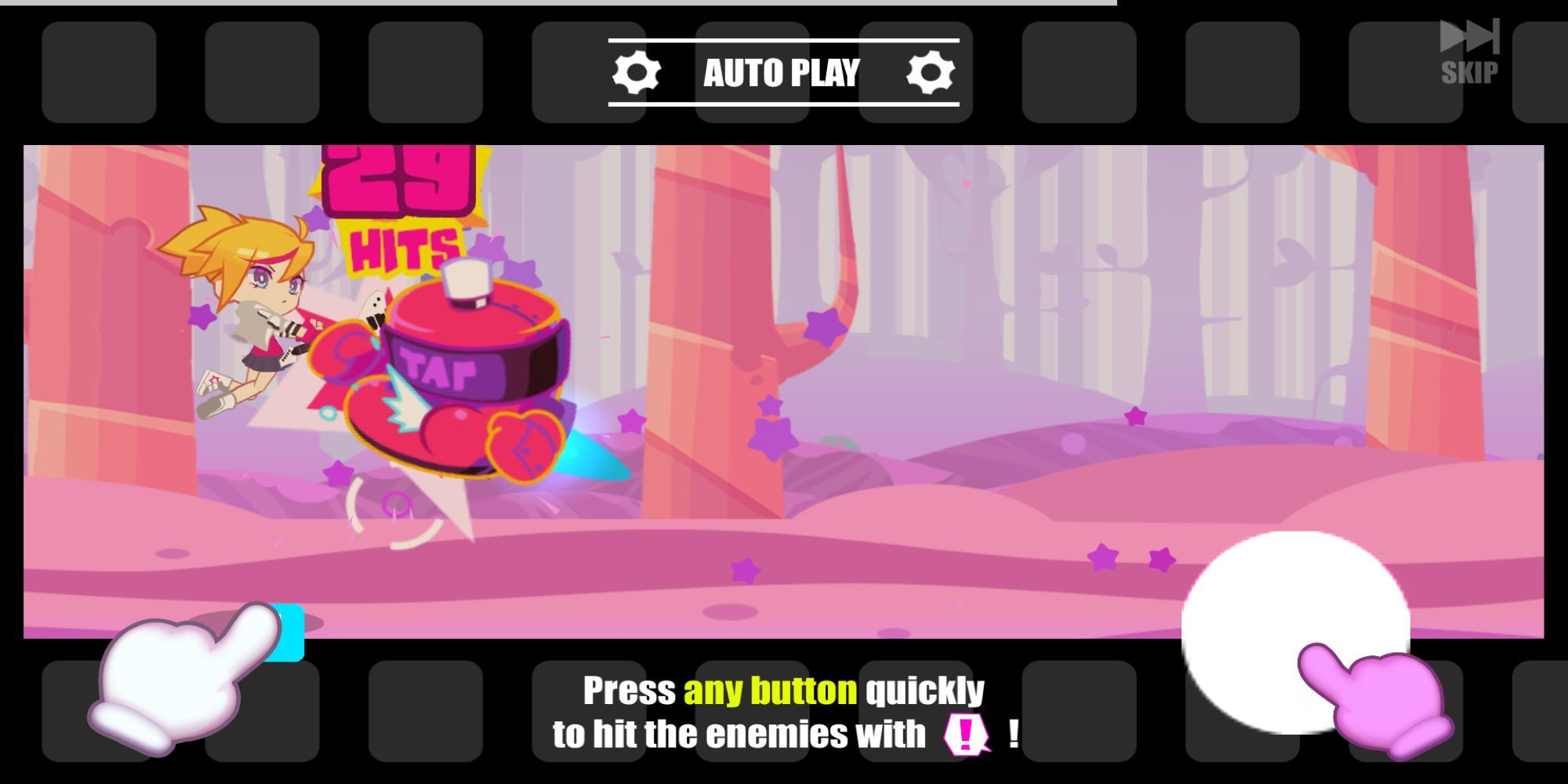 In the tutorial stage of Muse Dash, Rin fights monsters in a pink and purple forest.