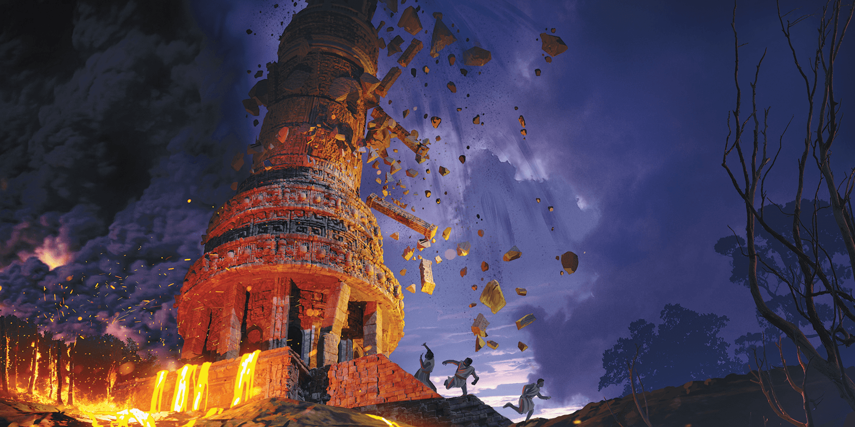 tower crumbles as lava flows priests run