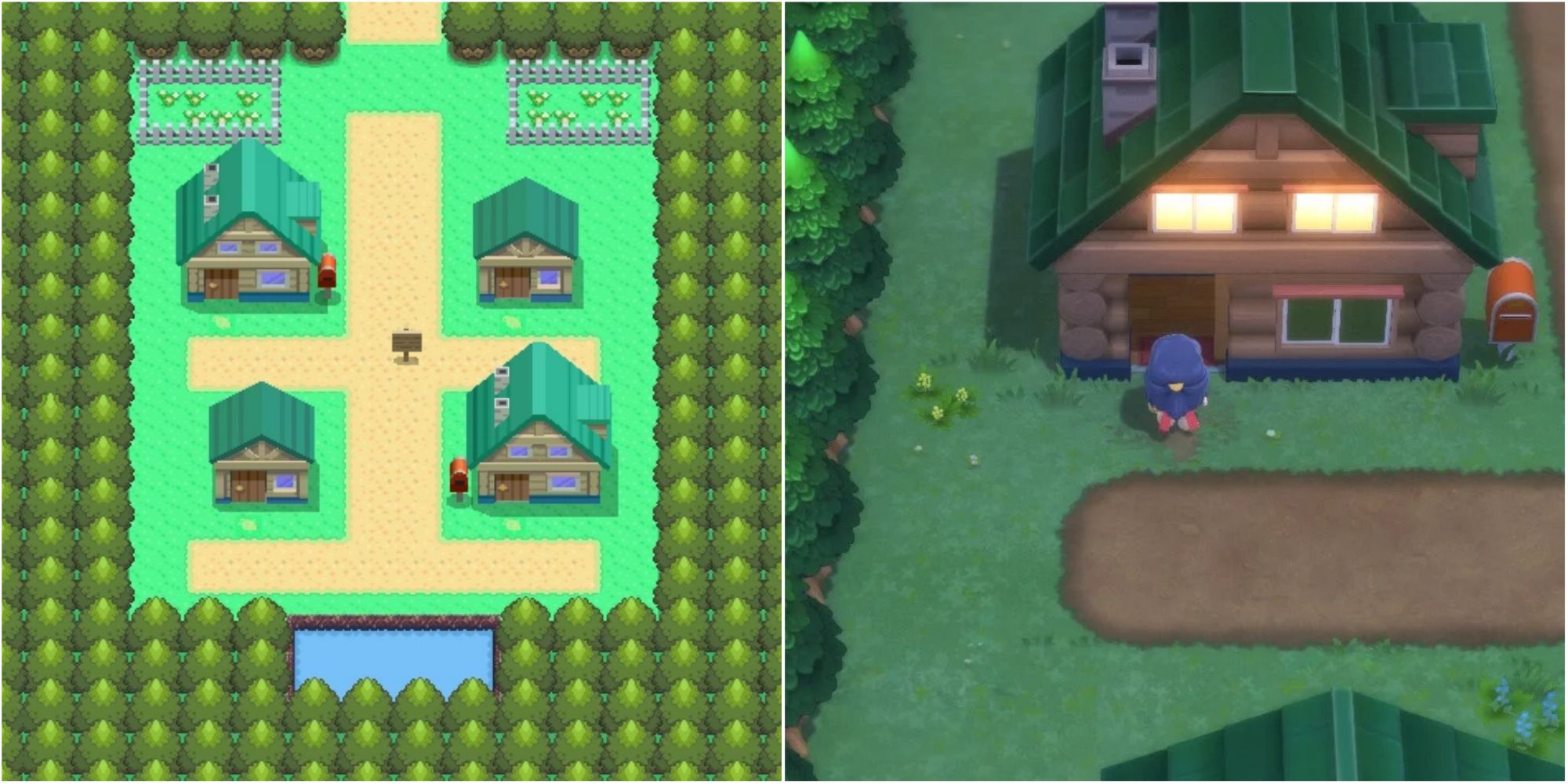 Split image screenshots of Twinleaf Town in Pokemon Diamond and Pearl and a close-up of Barry’s house in Pokemon Brilliant Diamond and Shining Pearl.