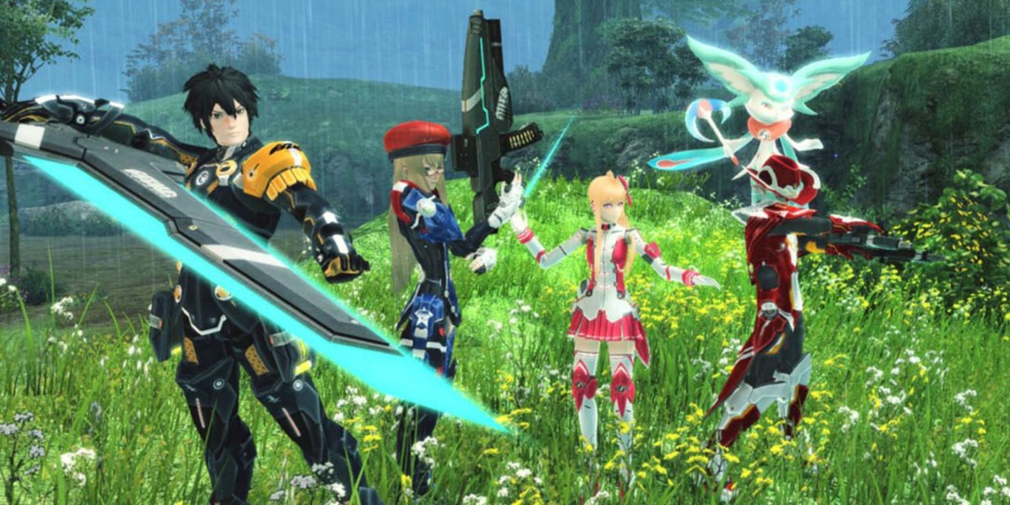 Phantasy Star Online 2 four characters pose with weapons