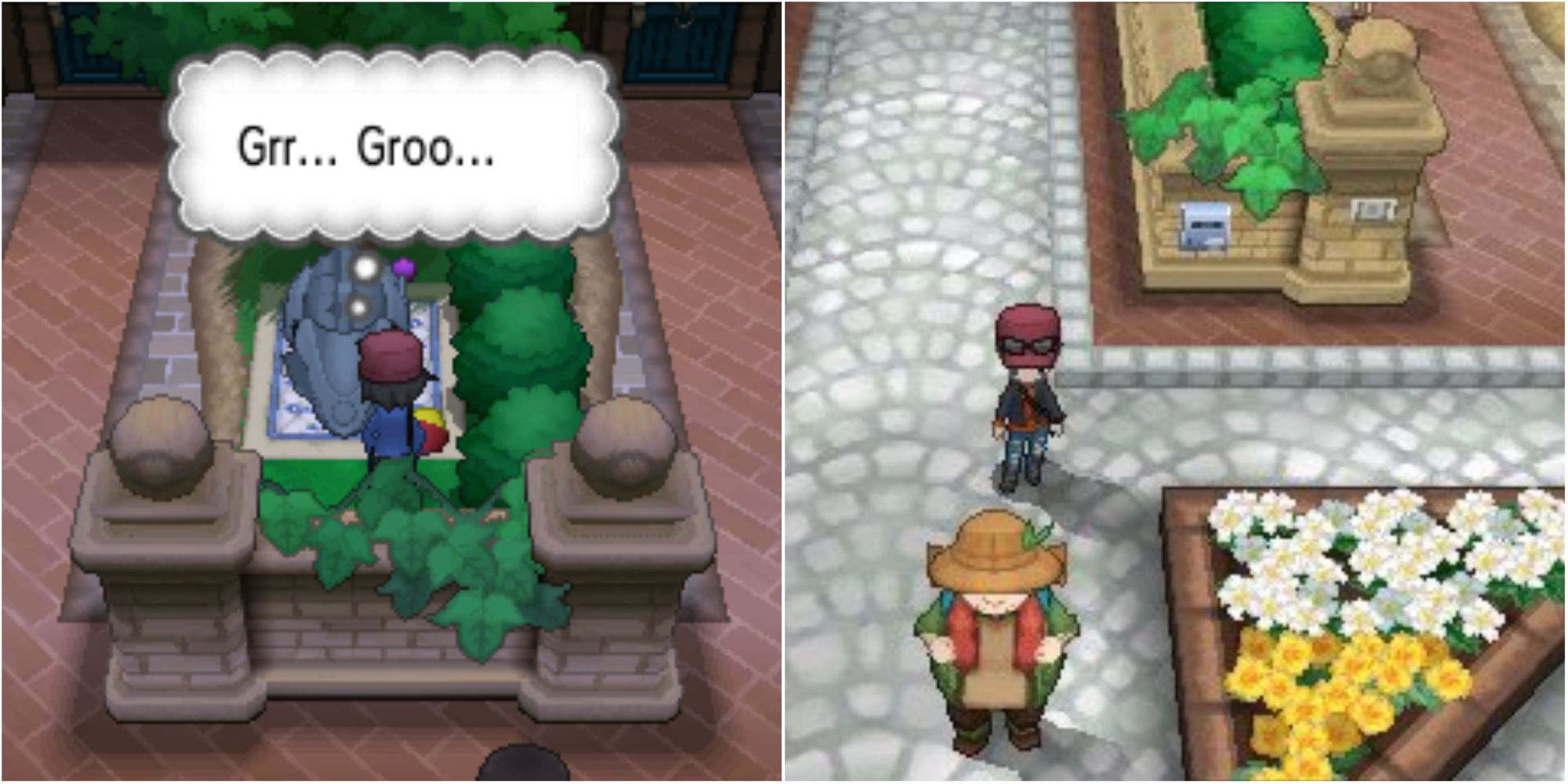 Split image screenshots of the player interacting with the Rhyhorn in Vaniville Town and one of the flowerbeds in Vaniville Town. 