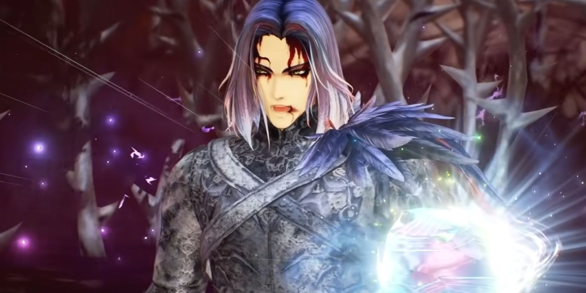 Tales Of Arise Vholran cutscene. Blood around his forehead and lips.